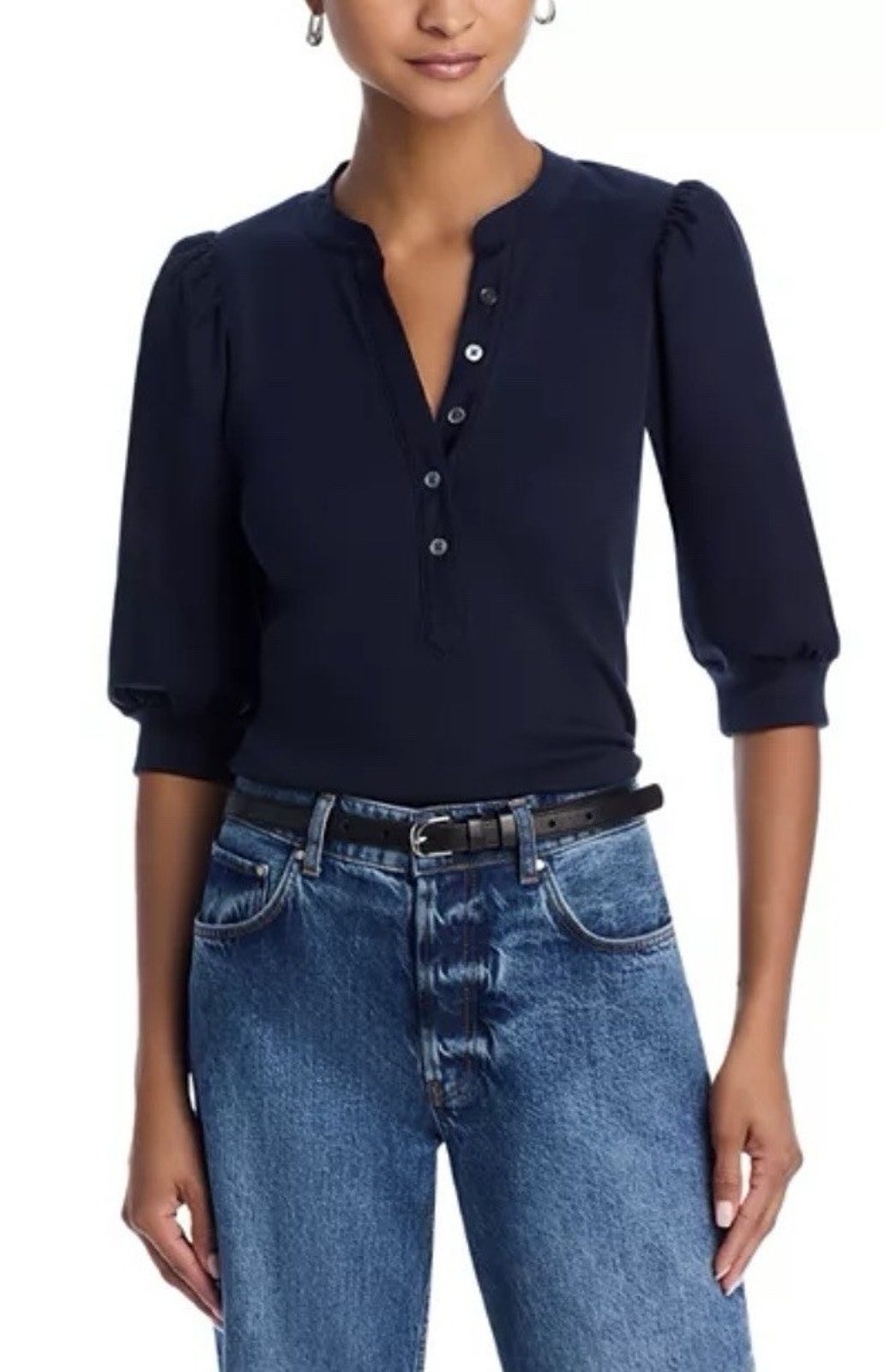 Veronica Beard Women’s Small Navy Blue Ribbed Puff Sleeve Henley Top S